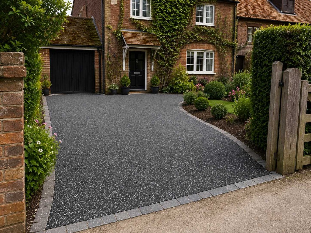 Anthracite resin bound driveway with granite sett border — country house installation