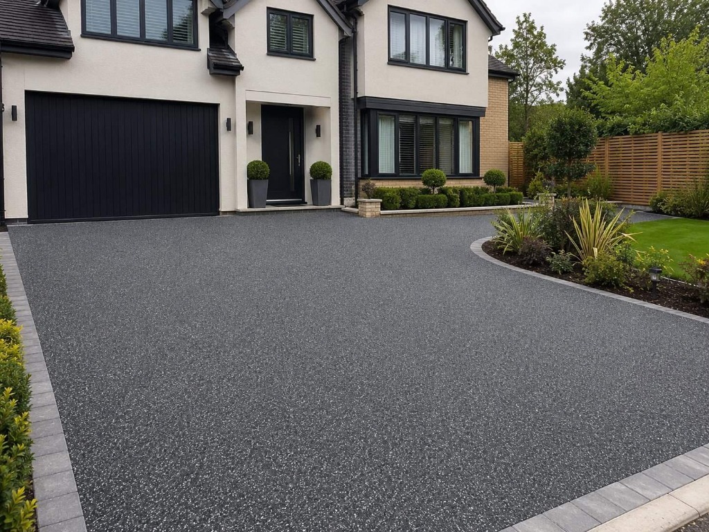 Large anthracite resin bound driveway on modern detached home by Windsor Resin Driveways