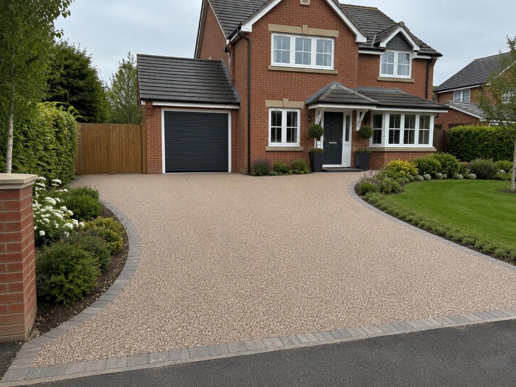 Champagne Pink resin bound driveway with curved edging on detached property by Windsor Resin Driveways