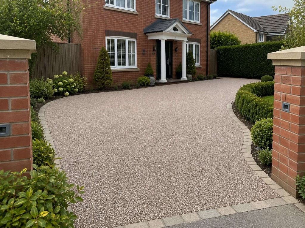 Champagne Pink resin bound driveway with brick pillars and manicured landscaping by Windsor Resin Driveways