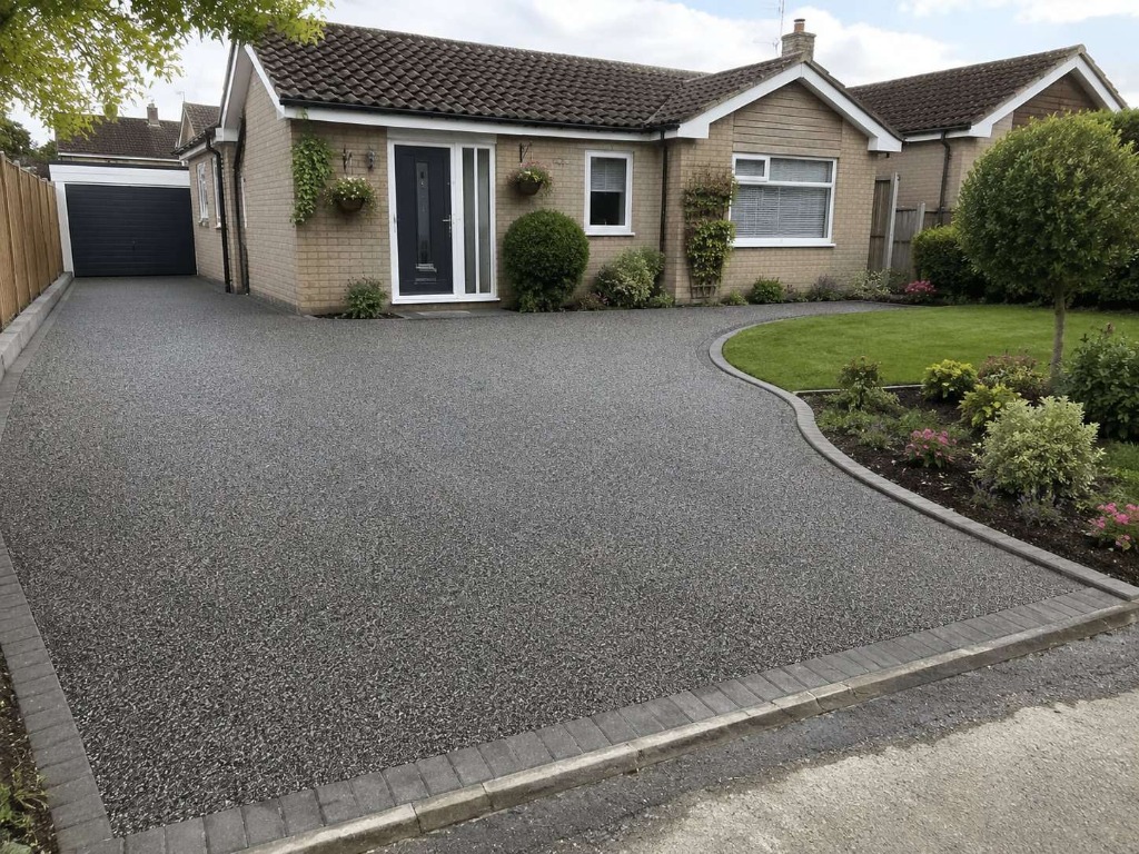 Dark Grey resin bound driveway on bungalow with curved lawn border by Windsor Resin Driveways