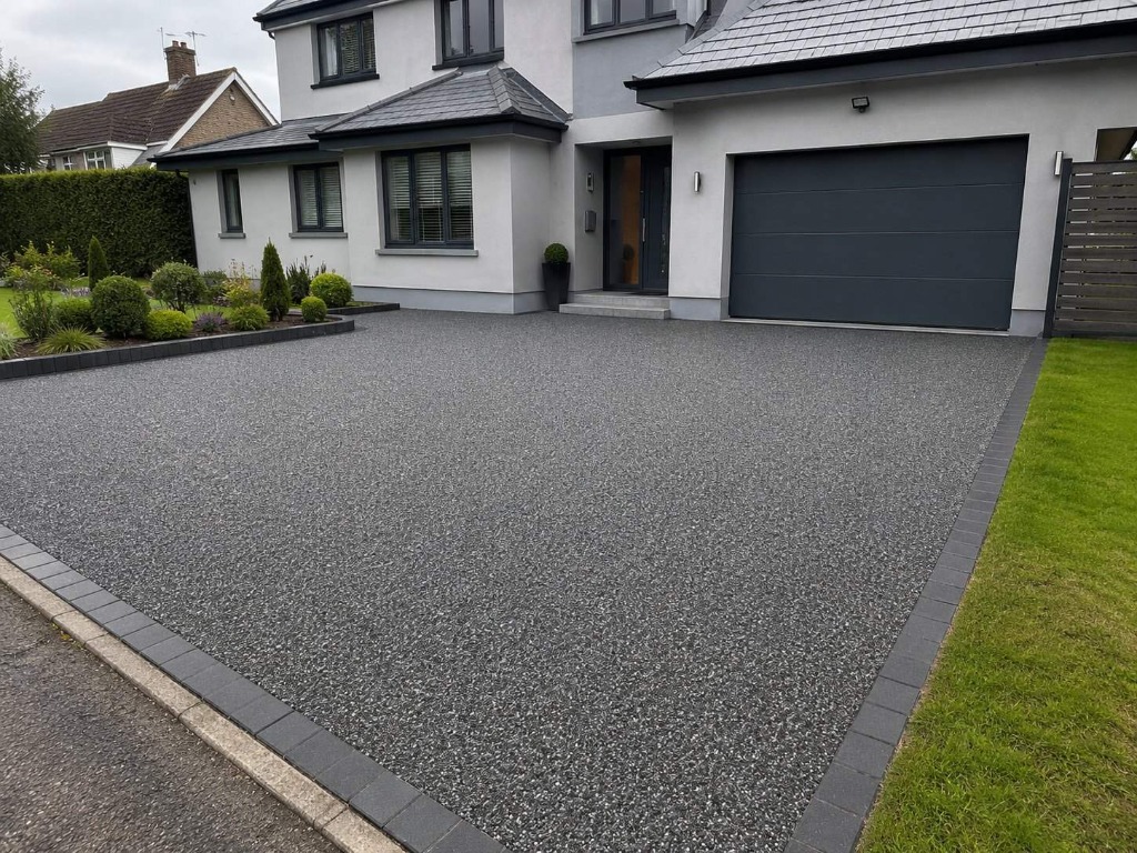 Dark Grey resin bound driveway on white rendered modern detached home by Windsor Resin Driveways