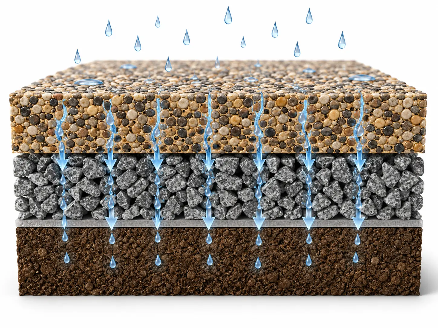 Cross-section showing how a resin bound aggregate surface drains: water passes through the bound aggregate, into the open sub-base and into the ground.