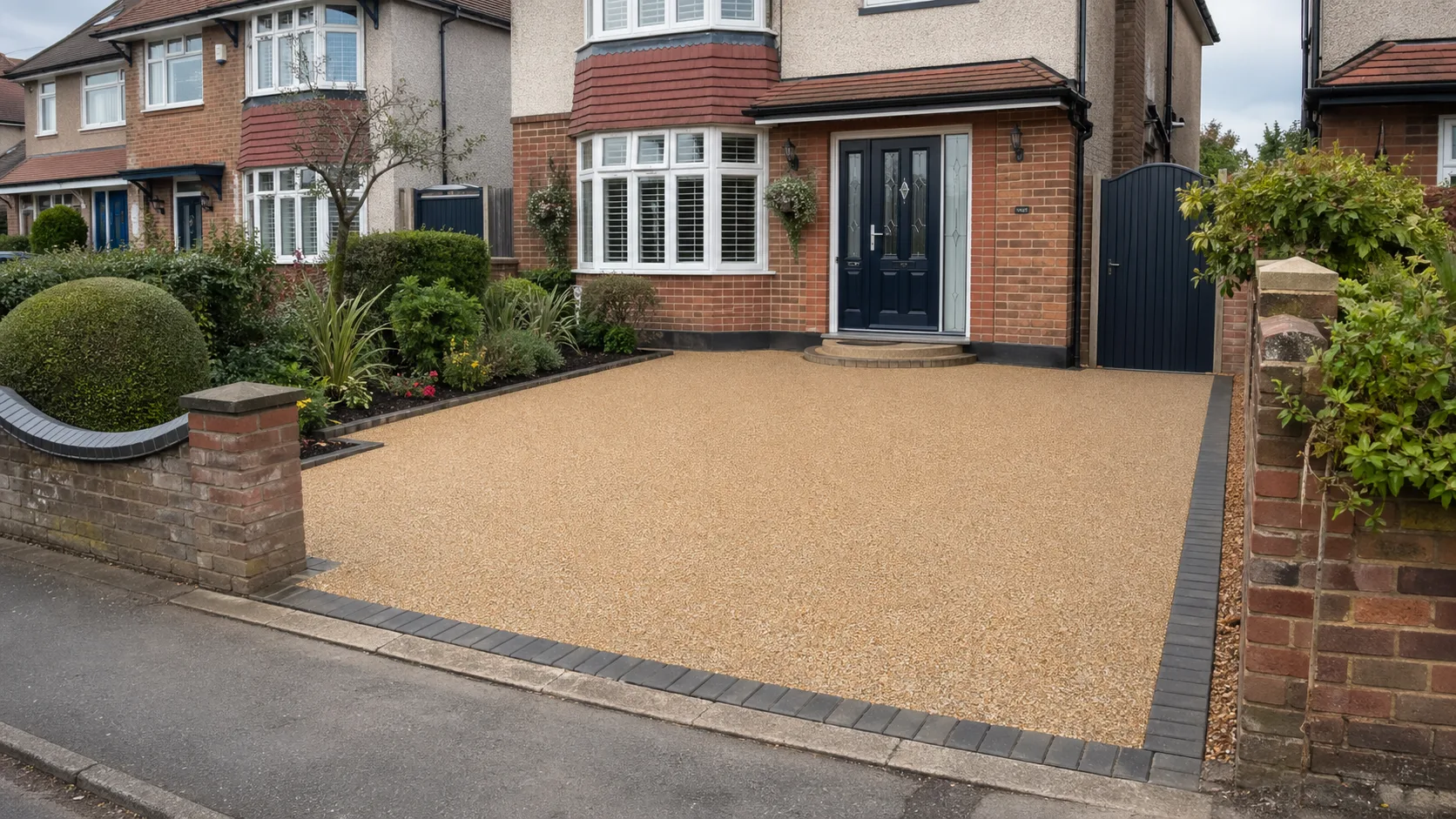 Completed UK resin bound driveway outside a home